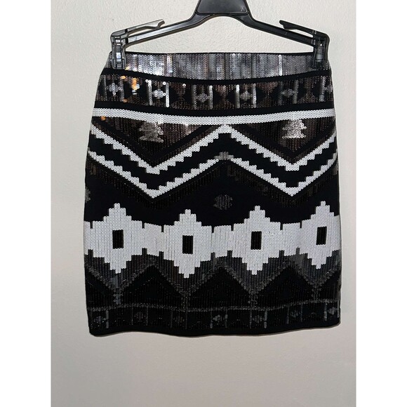 Express Sequin Mini Short Skirt Women's Size M Aztec Tribal Bling Stretch Black - Picture 3 of 4